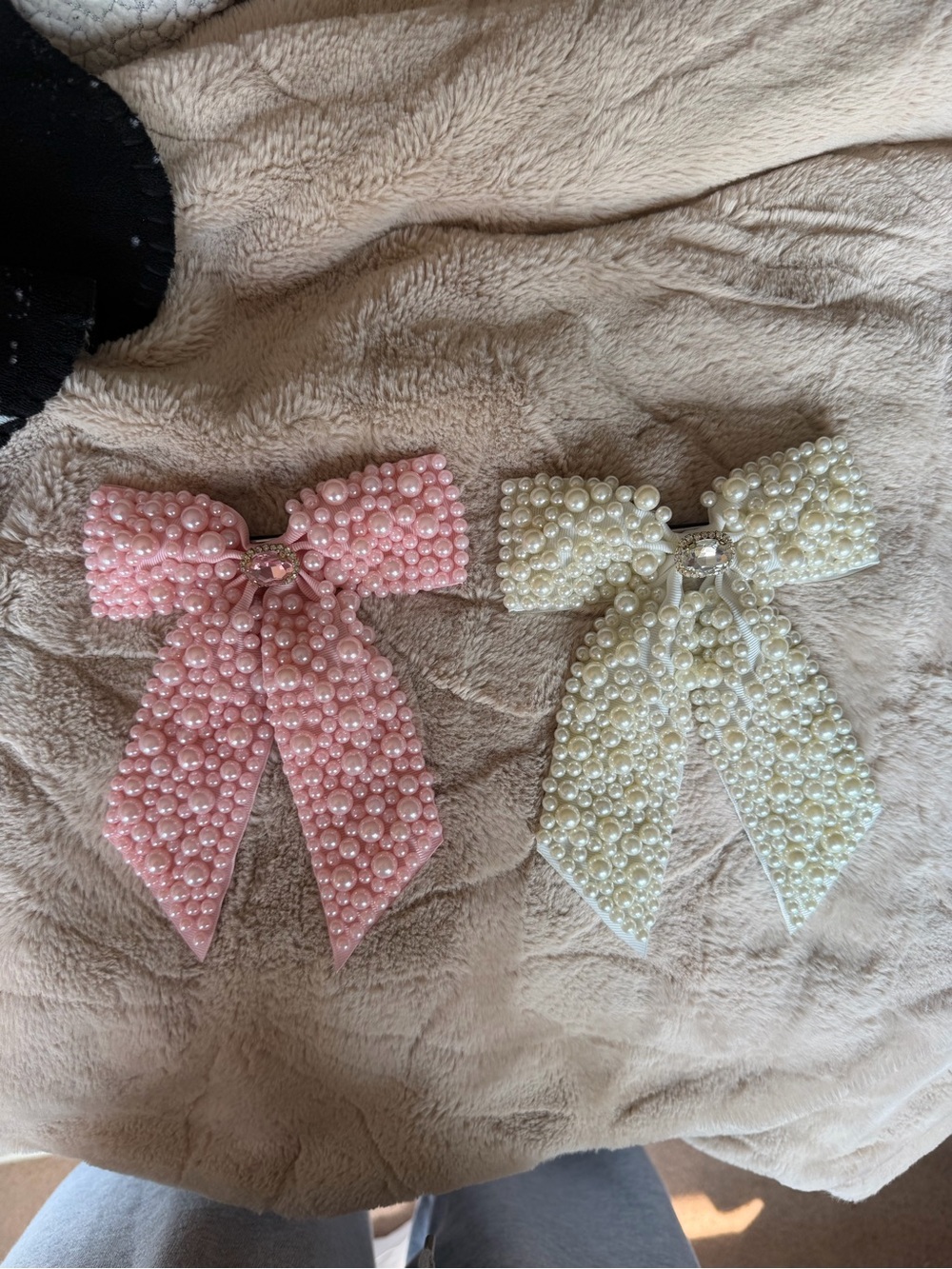 Pearl Bow Hair Clips - Pink and white set of two